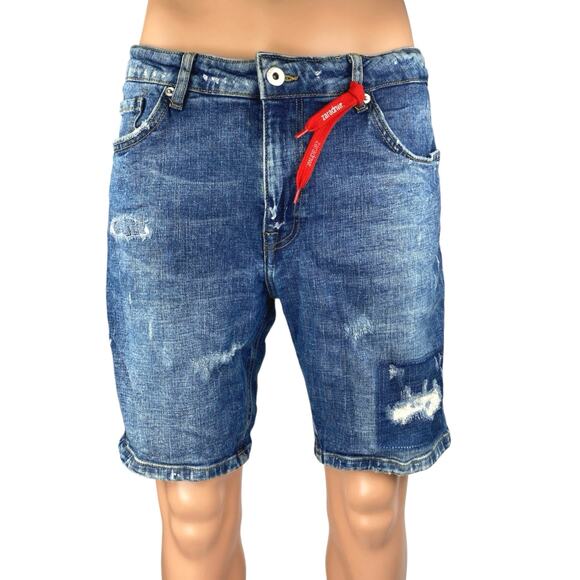 Zara Men's Blue Distressed Medium Wash Straight Bermuda Denim Jean Shorts Sz 34 - Picture 1 of 4
